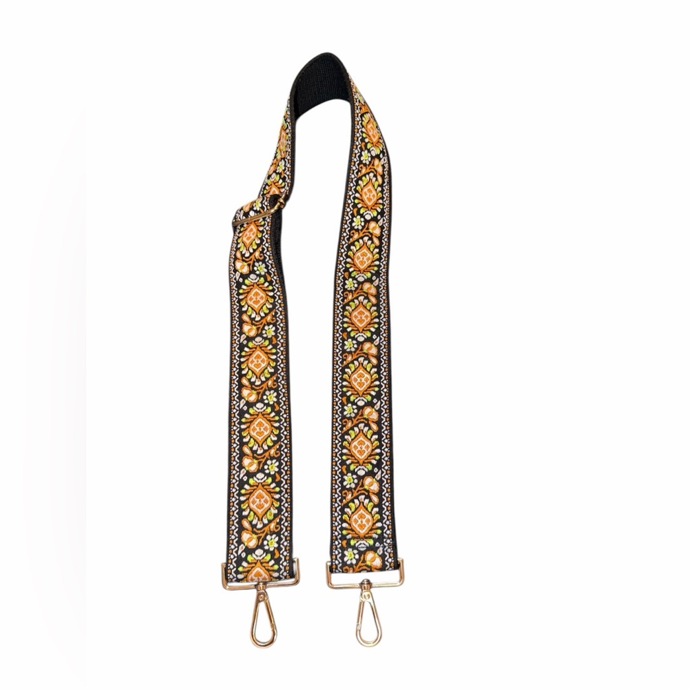Embroidered Floral Guitar-Style Purse Strap in Black and Orange and Green